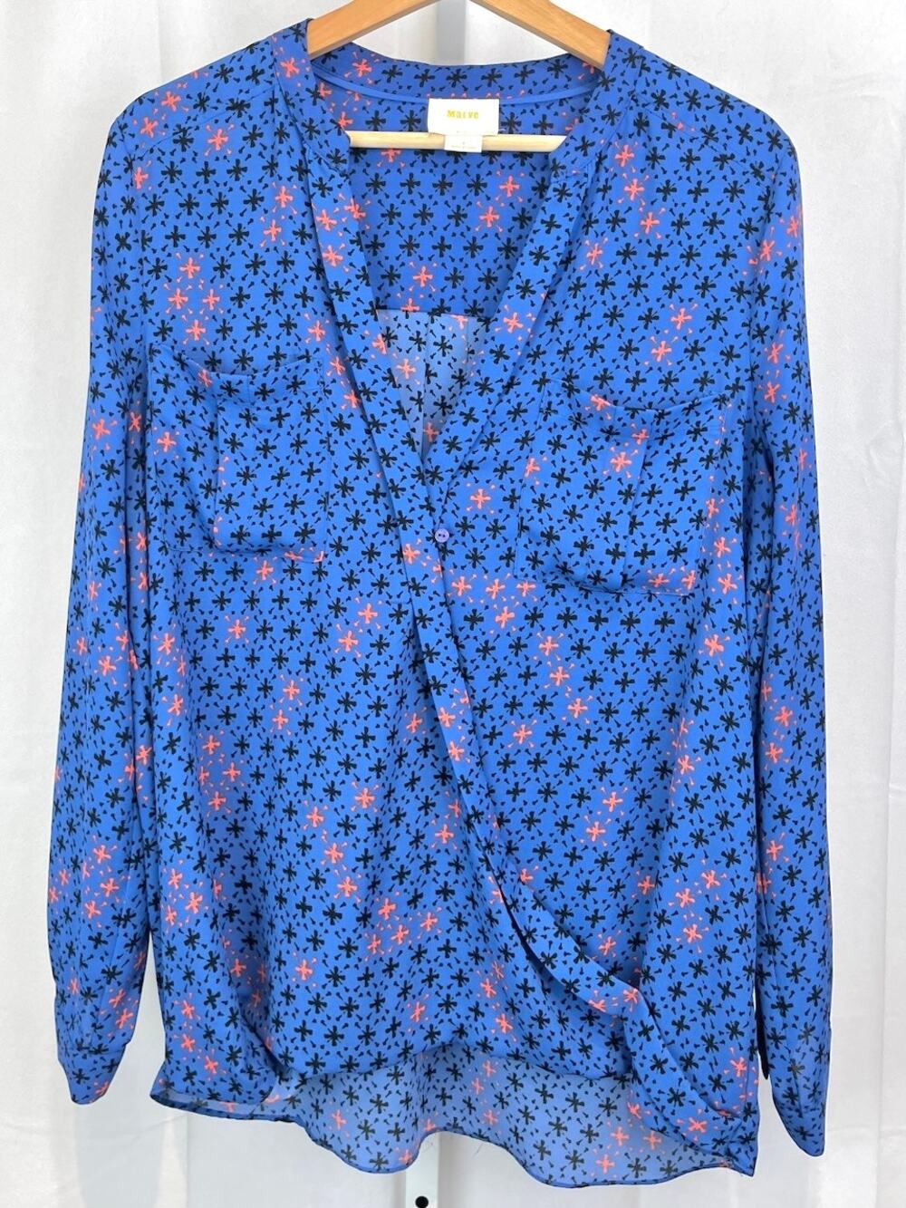 MAEVE Anthropologie Eva Faux Wrap Printed Blouse Long Sleeve Top Blue Size 8